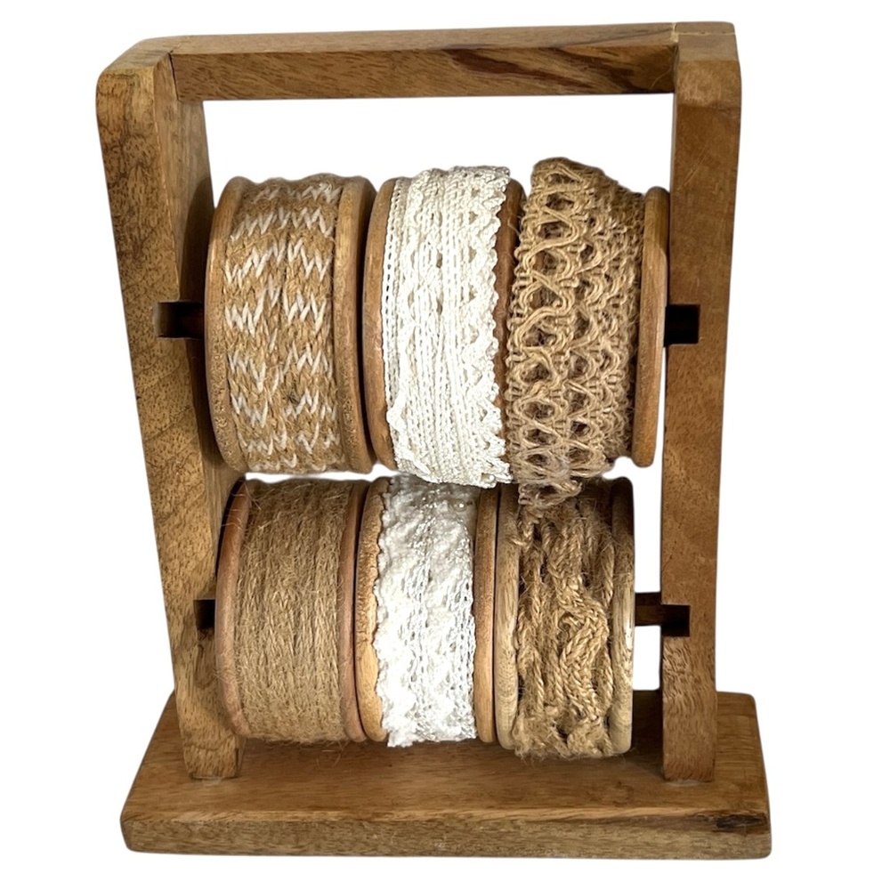 Decorative 6 Ribbon Spools on a Wood Holder Rack 7" x 8" Tall